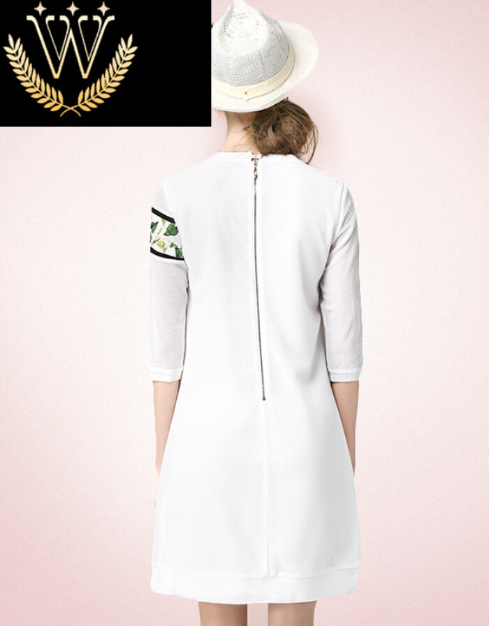 每购MEERYCO 时尚专柜产品五分袖连衣裙2016秋季新款圆领白色印花拼接宽松中裙女 白色 S